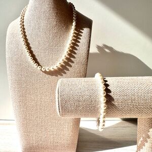Classic Faux Pearl Necklace Bracelet Set Cream Ivory Pearls Silver Clasp Vintage